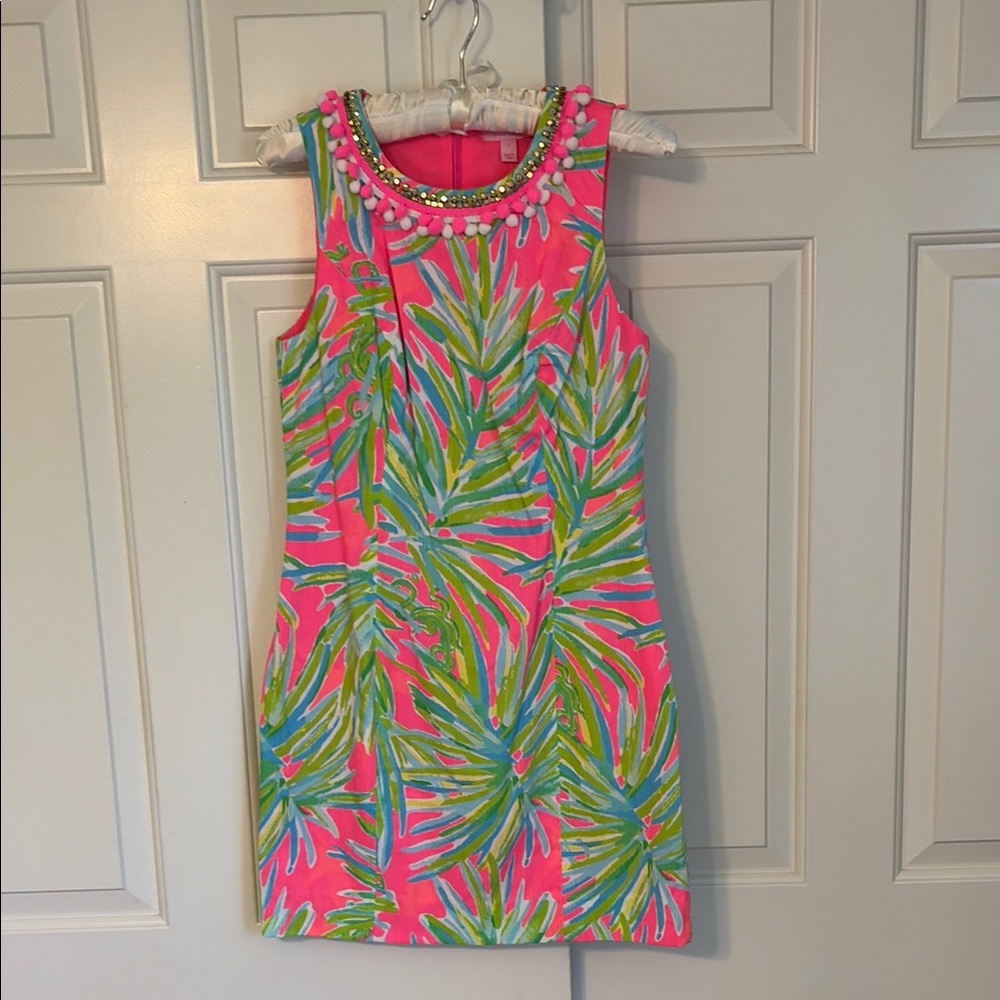 Beaded Neckline Tropical Shift Dress - Pink & Green